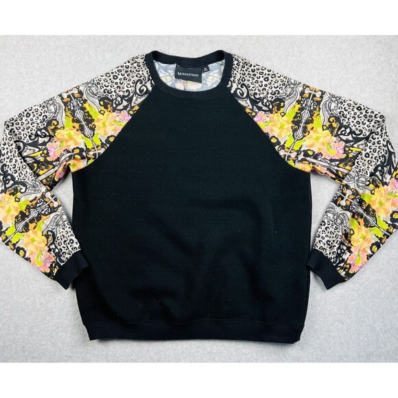 MINKPINK Womens M Black Crewneck Pullover Printed Sleeve Sweatshirt Trendy Top - Picture 2 of 15